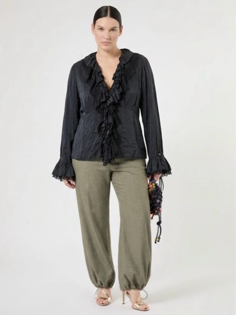 Marina Rinaldi 100% Silk Eyelet Ruffles Lace XL Blouse Button Top Romantic Black